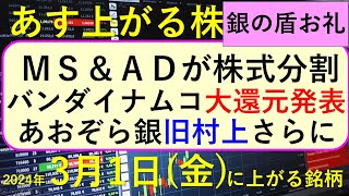 あす上がる株 2024年３月１日（木）に上がる銘柄 ～最新の日本株での株式投資。初心者でも。ＭＳ＆ＡＤが株式分割、バンダイナムコ、あおぞら銀行。NVIDIA影響で生成AI関連銘柄。エヌビディア株～ [upl. by Medina837]