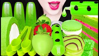 ASMR GREEN DESSERT EDIBLE SPOON STRAWBERRY JELLO SHOOTER 먹는 숟가락 초코 딸기 먹방 MUKBANG EATING [upl. by Eneroc755]