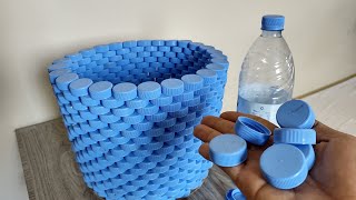 LAUNDRY BASKET FROM PLASTIC BOTTLE CAP  Very Easy DIY Plastic Recycle Ideas  Arts amp Crafts [upl. by Adahsar]