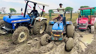 3 tractor Pulling together Mahindra Arjun NOVO 605 di 4wd Stuck in Mud Eicher 485  New Hollad 5500 [upl. by Skippy674]