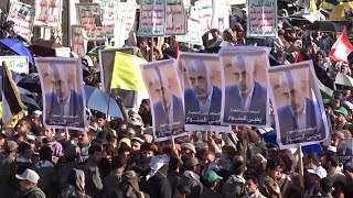 Yemenis hold up pictures of killed Hamas leader Sinwar at weekly protest in Sanaa [upl. by Ronile]