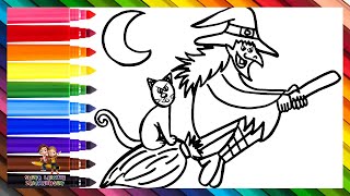 Wie man eine Hexe zeichnet 🧙‍♀️🧹 Zeichnen und Ausmalen einer Hexe mit ihrer Katze 🐈‍⬛🪄🌈 [upl. by Elisa]