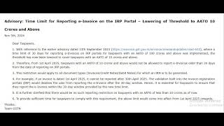 Advisory Time Limit for Reporting eInvoice – Lowering of Threshold to AATO 10 Crores and Above [upl. by Minna255]