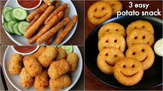 3 easy potato snacks recipe for kids  potato fingers potato nuggets potato smiley recipe [upl. by Enyrat]