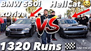 BMW 550i VS Dodge Hellcat 1320 Christmas Runs Epic [upl. by Erdnaed]