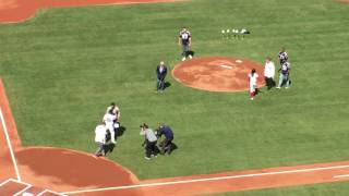 Rob Gronkowski steals Tom Brady jersey makes Brady scramble during Fenway Park home opener [upl. by Jarrow]