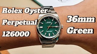 Rolex Oyster Perpetual Green Dial 36mm ref 126000 on Wrist 65 inches luxurywatch rolex [upl. by Dayle]