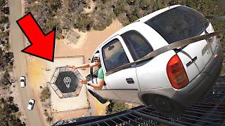 CAR vs WORLD’S STRONGEST TRAMPOLINE 150ft 45m drop [upl. by Uticas]