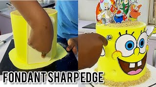 HOW TO ACHIEVE SHARP EDGE ON FONDANT CAKE  SpongeBob Cake [upl. by Nitsirt]