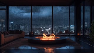 Luxury Modern Living Room with Electric Fire When Its Storm Outside  Soothing Rain Sound for Sleep [upl. by Ellezig]