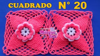 CUADRADO N° 20 TEJIDO A CROCHET VIDEO COMPLETO Cuadrado FLOR CON HOJITAS EN RELIEVES para colchas [upl. by Jenesia]