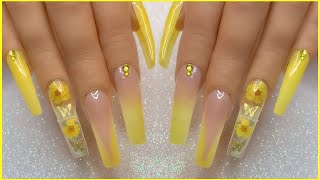 Yellow Spring Glitter Thermal Polygel Nail Design W Encapsulated Dried Flowers amp Butterfly Charms [upl. by Jaquelyn485]