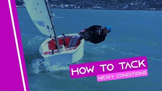 OPTIMIST SAILING  How To Tack  Heavy Conditions [upl. by Elrae]