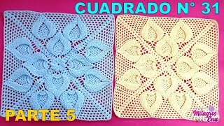 PARTE 5 Cuadro o cuadrado N° 31 tejido a crochet en punto hojas con piñas para colchas y cojines [upl. by Alleuqahs]