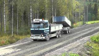 Scania R143HL 420 6X2L with trailer spreading out gravel [upl. by Mcilroy101]