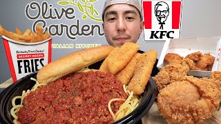 ASMR EATING KFC CRISPY FRIED CHICKEN OLIVE GARDEN MEAT SAUCE SPAGHETTI CHEESY MOZZARELLA STICKS [upl. by Coh]