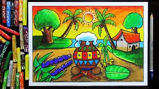 Pongal festival Drawing for Beginners and School Students  Pongal Landscape Drawing [upl. by Ahsakat]