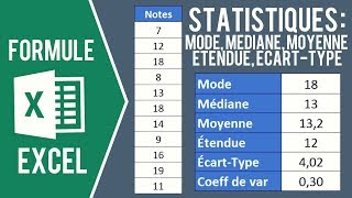 EXCEL  UTILISER LES FORMULES STATISTIQUES  MODE MÉDIANE MOYENNE ÉTENDUE ÉCARTTYPE [upl. by Jurdi4]