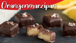 Orangenmarzipan Pralinen  einfache Pralinen selber machen ohne Form  Marzipan Schnittpraline [upl. by Nassi621]