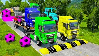 Double Flatbed Trailer Truck vs Speedbumps Train vs Cars BeamngDrive 7 [upl. by Ylrebme945]