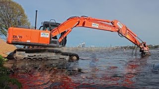 Hitachi Zaxis 210 crawler excavator ⚠️ digging demolition debris under water🚢⚓🛟🦺🚧 [upl. by Itsym]