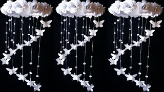 How to make easy paper rose flowers wall hangingWind chime Decoration ideaWhite Paper craftsDIY [upl. by Benzel633]