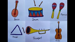 Easy musical instruments drawingLearn how to draw DrumMaracasGuitarTriangleBanjo Trumpet [upl. by Aneem871]