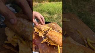 Rib eye sandwich with caramelized onions cheese and crispy potatoes🥩outdoorcooking food nature [upl. by Aleksandr]