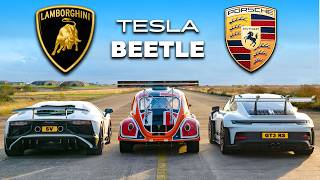 911 GT3 RS v Lambo V12 vs Tesla Beetle DRAG RACE [upl. by Alessandra]