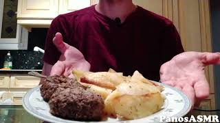 Eating Greek Roasted Burgers with potatoes 3  Panos ASMR Greek Mukbang [upl. by Nedarb]