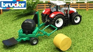 BRUDER TOYS farming  tractor Steyr and balewrapper in action video for kids [upl. by Gershom424]