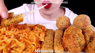 Mellawnie ASMR  CHEESY CARBO FIRE NOODLE CHICKEN CHEESE BALL CHEESE STICK ONLY BITES [upl. by Cannice]