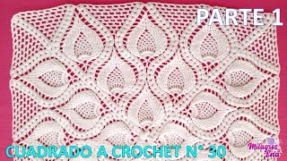 PARTE 1 Como tejer el Cuadro o cuadrado N° 30 a crochet en punto de hojas relieves y espigas [upl. by Gittle268]