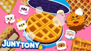 🧇Waffle Song with Five Marshmallows🌈  Waffles Recipe  Food Songs for Kids  Waffle Time  JunyTony [upl. by Ylehsa]