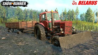 SnowRunner  MTZ 82 Tractor With Trailer Driving Through Mud [upl. by Zoes]