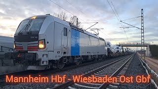 Führerstandsmitfahrt von Mannheim Hbf nach Wiesbaden Ost Gbf mit dem Rheine Zug am Rhein [upl. by Garlaand]