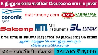 6 நிறுவனங்களின் வேலைவாய்ப்புகள்Male amp FemaleChennai JobsCoimbatore JobsPermanent Jobs [upl. by Michigan10]