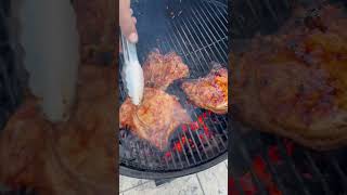 Pork chops on the charcoal dinner bbq charcoal grill food yummy [upl. by Elbys]