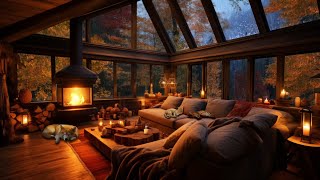 Cozy Rainy Day in Autumn with Crackling Fireplace Dog and Cats  Sleep Relax or Study [upl. by Ondrea472]