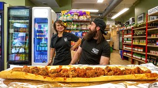 WIN 50 CASH IF YOU CAN FINISH THIS GIANT MEATBALL SUB IN CHICAGO  BeardMeatsFood [upl. by Ariaic]