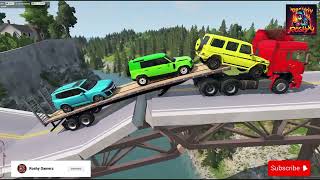 Double Flatbed Trailer Truck vs Speedbumps vs Cars VS BRIDGE Tractor vs Train Beamng Drive crash [upl. by Ylil]