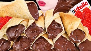 Mellawnie ASMR chocolate Nutella banana crepe cakes Mukbang bites only [upl. by Dugan]