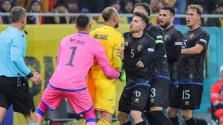 Romania and Kosovo players clash after fans shouted Serbia match suspended in Nations League [upl. by Oidivo]