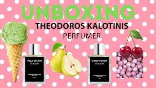 UNBOXING the NEW THEODOROS KALOTINIS PERFUMES  Pear 🍐 🍨Gelato  Cherry 🍒 Powder and Crème Brûlée 🍮 [upl. by Nathanael]