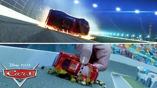 Lightning McQueens Crash Scene  SIDE BY SIDE VIDEO  Pixar Cars [upl. by Alegna]