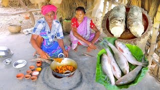 Taro root fry and Fish Curry recipe cooking amp eating by santali tribe grandmaa [upl. by Domineca]