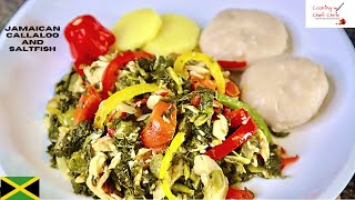 HOW TO COOK CALLALOO AND SALTFISH JAMAICAN STYLE RECIPE 2020  WITH BOIL DUMPLINGS AND YELLOW YAM [upl. by Brinkema]