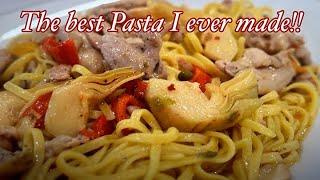 CHICKEN AND LEMON PASTA NOODLES WITH ARTICHOKE AND FIRE ROASTED BELL PEPPERS [upl. by Ethbin]