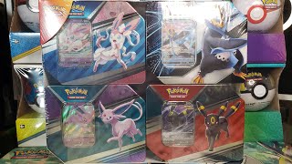 Opening Costcos Pokémon 4 Pack V Tins Espeon Umbreon Sylveon amp Empoleon [upl. by Saqaw]