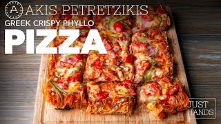 Greek Crispy Phyllo Pizza  Akis Petretzikis [upl. by Dinan]